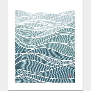 Pine Green Blue Ocean Wave Line Art Posters and Art